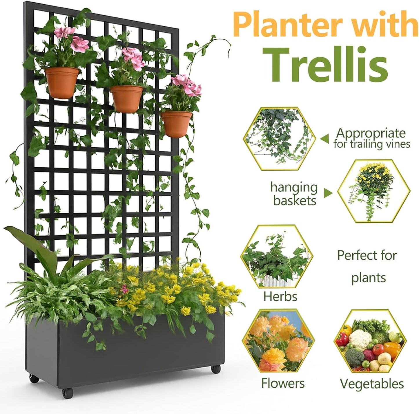 Metal Planter Box with Square Lattice Trellis - 72"x47" Galvanized Raised Garden Bed on Wheels for Climbing Plants and Vines, Black Finish