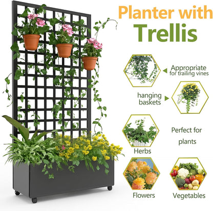 Metal Planter Box with Square Lattice Trellis - 72"x35" Galvanized Raised Garden Bed on Wheels for Climbing Plants and Vines, Black Finish