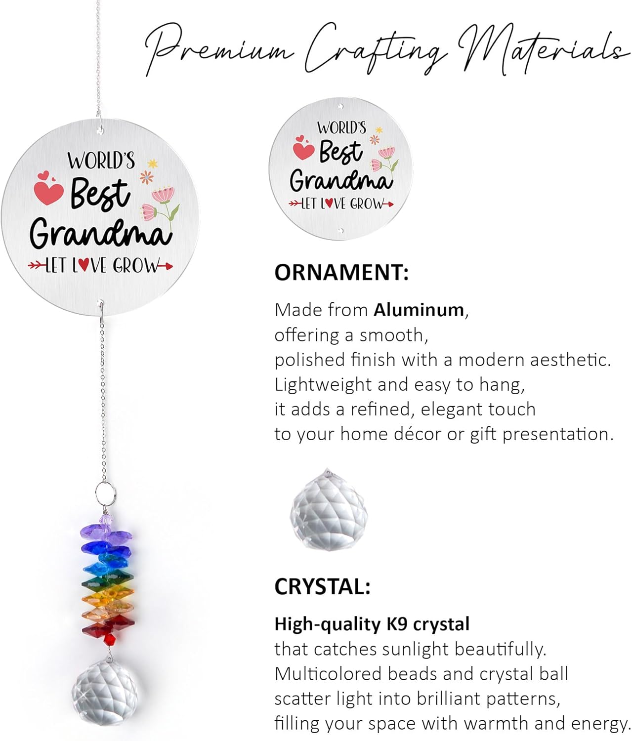 Aluminum Ornament Suncatcher - World 's Best Grandma Birthday Gift for Grandma, Mom - Unique Gift from Daughter, Granddaughters - Crystal Rainbow Maker - Home & Garden Decor
