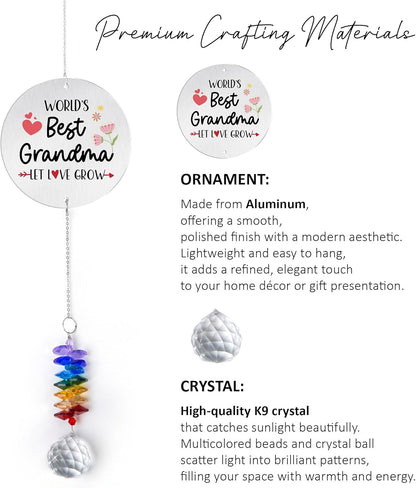 Aluminum Ornament Suncatcher - World 's Best Grandma Birthday Gift for Grandma, Mom - Unique Gift from Daughter, Granddaughters - Crystal Rainbow Maker - Home & Garden Decor
