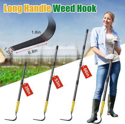 Hoe Garden Tool, 66" L Shape Sickle Garden Tool with Double-Edged Blade and Adjustable Long Handle, Heavy Duty Crack Crevice Weeding Hoe for Weeding, Loosening Soil, Trenching