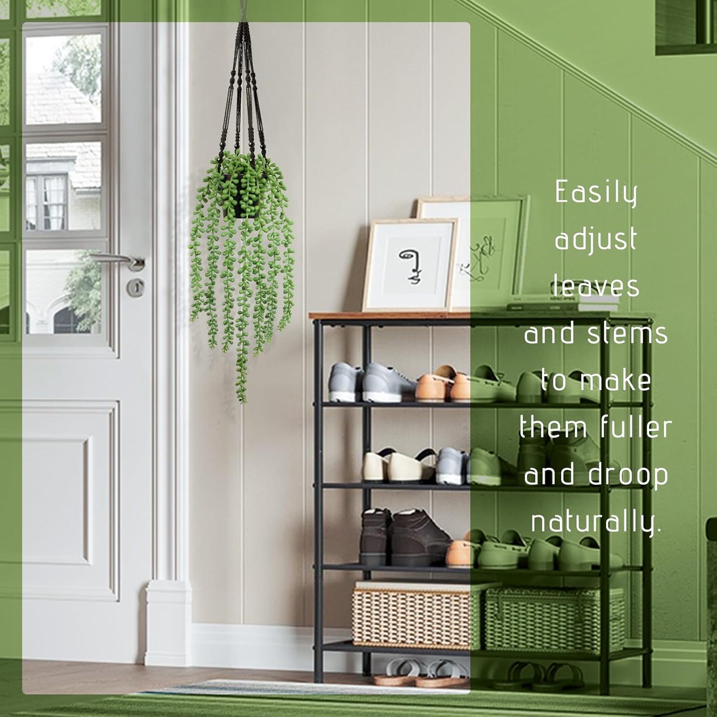 Fake Plants Indoor Artificial String of Pearls Plant in Black Pots, Long - Trail Realistic Green Faux Hanging Succulents Plants for Living Room, Kitchen, Balcony, Garden, Bedroom Decor