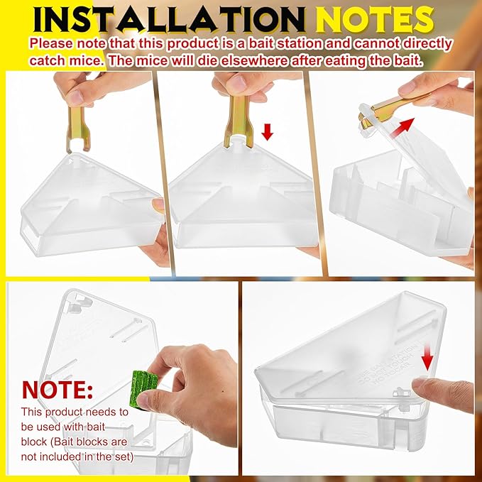 Qualirey 6 Pcs Mice Station with Key Triangle Bait Station Reusable Rodent Trap Bait Box, Keeps Children and Pets Safe Indoor & Outdoor, Bait Not Included, Suitable for Small Mice (Translucent)