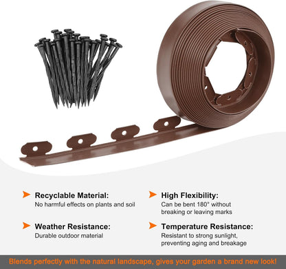 Garden Edging - 40 Feet Plastic Garden Edging Border with 36 PCS Spikes Apply to Flower Beds/Grass Lawn/Yard (40FT x 2.36IN, Dark Brown)