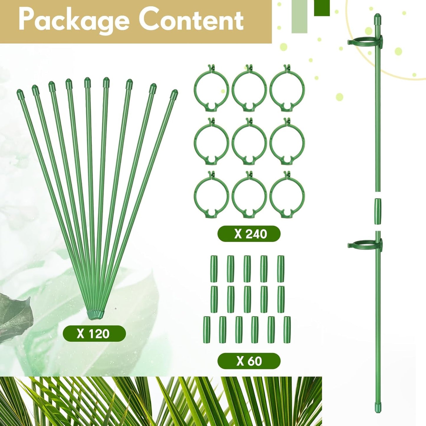 meekoo 120 Pcs Adjustable Garden Plant Support Stakes Single Stem Plant Cage Support Rings with Clips and Connect Pipe for Orchid Rose Tomato, 12 Inch (Green)