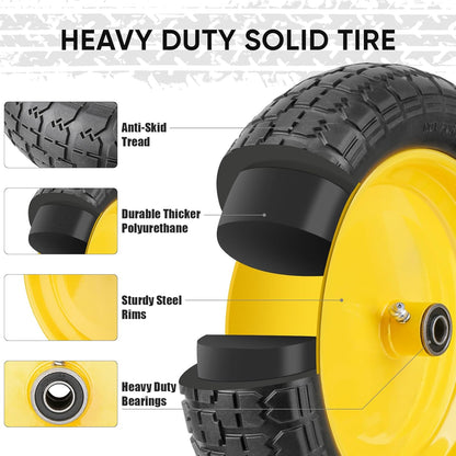 TICONN 4.80/4.00-8 Tire, 16" Flat Free Wheelbarrow Tire and Wheel, Solid Replacement Tires, 5/8" 3/4" Bearings, Universal Fit 4.80/4.00-8, 3.50/3.00-8, 4.00-6 (16" Yellow, 2PK)