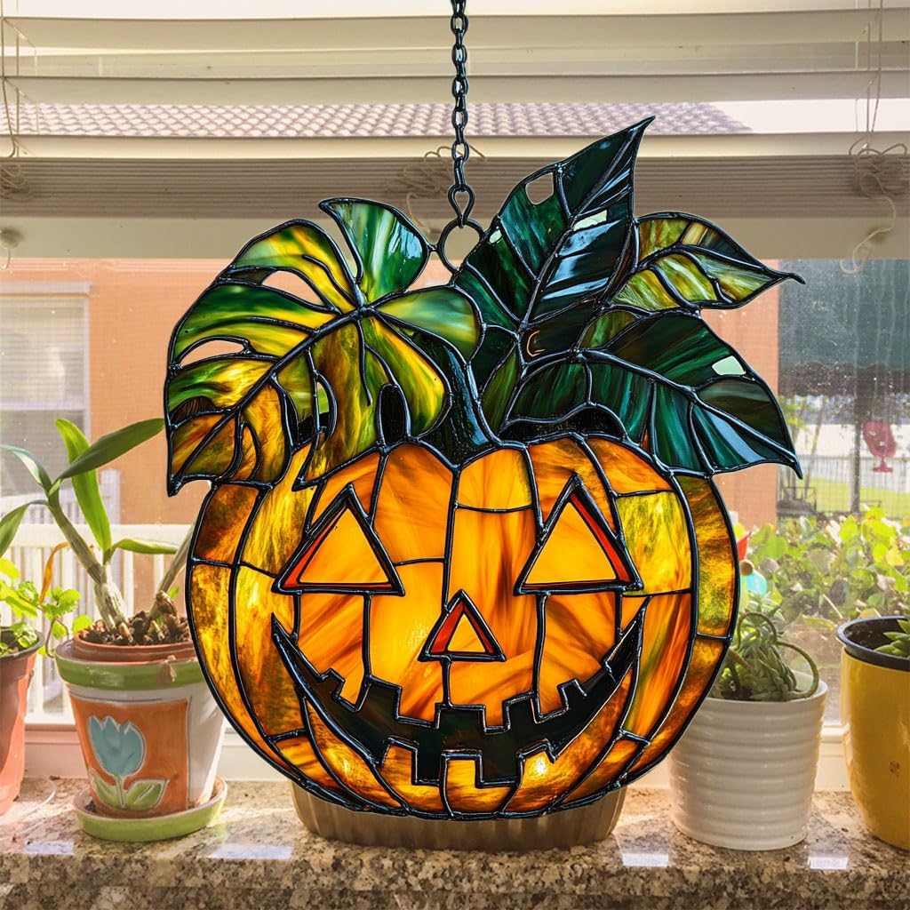 Monstera Jack-o'-Lantern Acrylic Suncatcher Stained Glass Effect Window Car Hanging Christmas Ornament Indoor Outdoor Decor Garden Sun Catcher Panel for Monstera Lover for Women Mom Grandma