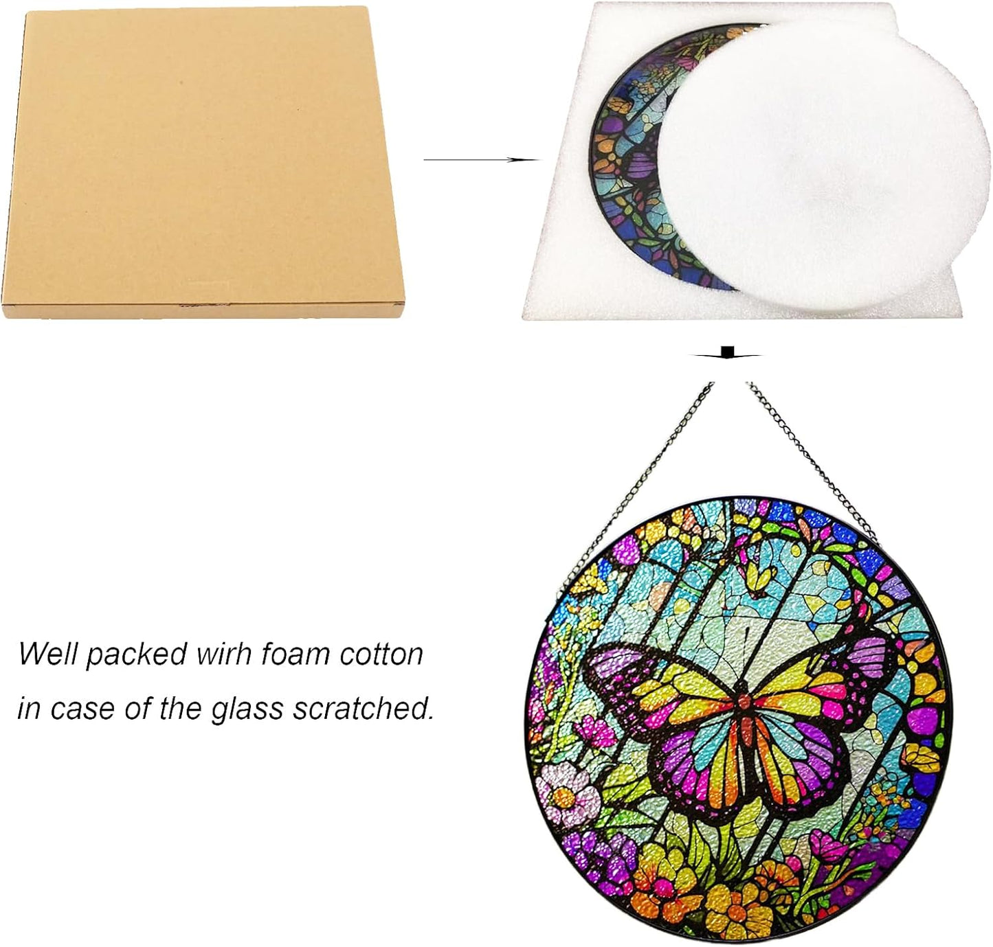 Generic Butterfly Stained Glass Suncatcher Artistic Window Hanging,7.8” Hand-Painted Glass Panel Wall Home Decor,Gift for Women Garden Decor Suncatcher, BL009