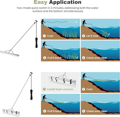 Landscape Rake, 36" Aluminum Heavy Duty Lake Weed Rake, Multifunctional Detachable Aquatic with 67'' Extension Handle & 20Ft Rope, for Weed Algae Removal Loosening Soil Lawn Garden Care