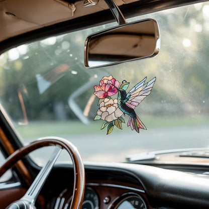 Hummingbird and Peony Acrylic Suncatcher Stained Glass Effect Window Car Hanging Christmas Ornament Indoor Outdoor Decor Garden Sun Catcher Panel for Bird Lover for Women Mom Grandma