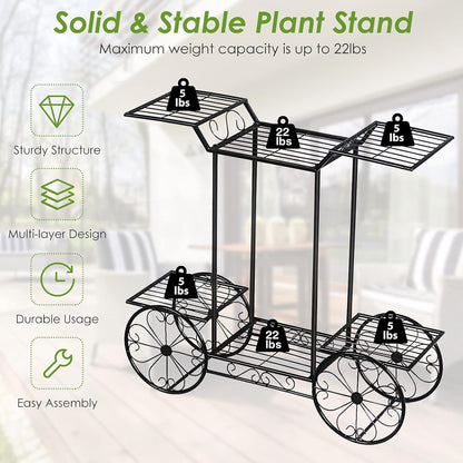 Safstar 6 Tiered Metal Plant Stand w/4 Decorative Wheels, Multilayer Flower Display Shelf for Home, Garden, Patio, Parisian Style Potted Plant Rack Holder