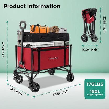 SUNNYFEEL Wagon Cart Foldable, Standard Borderless Version Collapsible Wagon with 220 LBS Max Load, Up to120L Foldable Grocery Cart with Side Opened for Groceries, Garden & Camping,Red