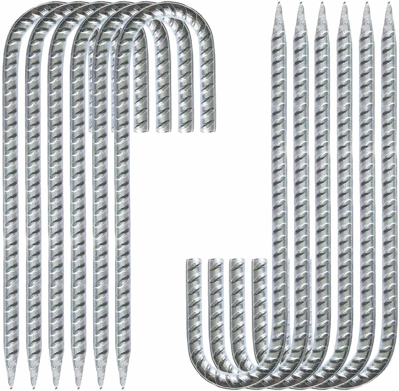 Heavy Duty Rebar Stakes 12-Pack 12-Inch - Hot-Dip Galvanized J-Hook Ground Anchors for High Winds, Trampoline, Fencing, Landscape Fabric - Forged Tip for Rocky & Hard Soil