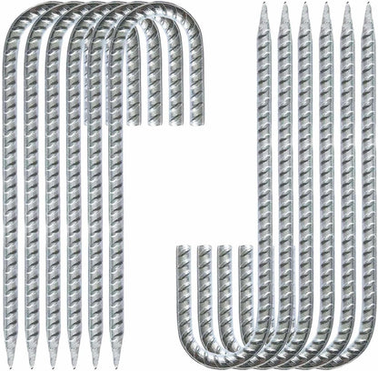 Heavy Duty Rebar Stakes 12-Pack 12-Inch - Hot-Dip Galvanized J-Hook Ground Anchors for High Winds, Trampoline, Fencing, Landscape Fabric - Forged Tip for Rocky & Hard Soil