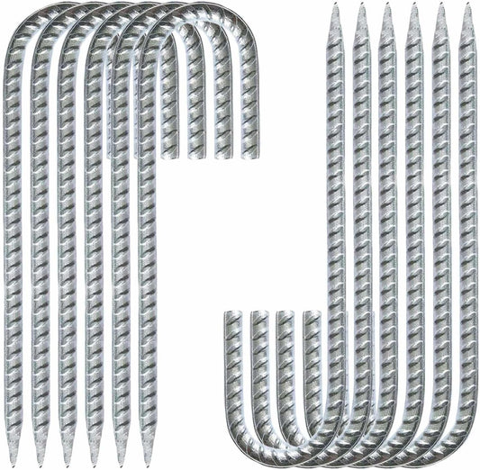 Heavy Duty Rebar Stakes 12-Pack 12-Inch - Hot-Dip Galvanized J-Hook Ground Anchors for High Winds, Trampoline, Fencing, Landscape Fabric - Forged Tip for Rocky & Hard Soil