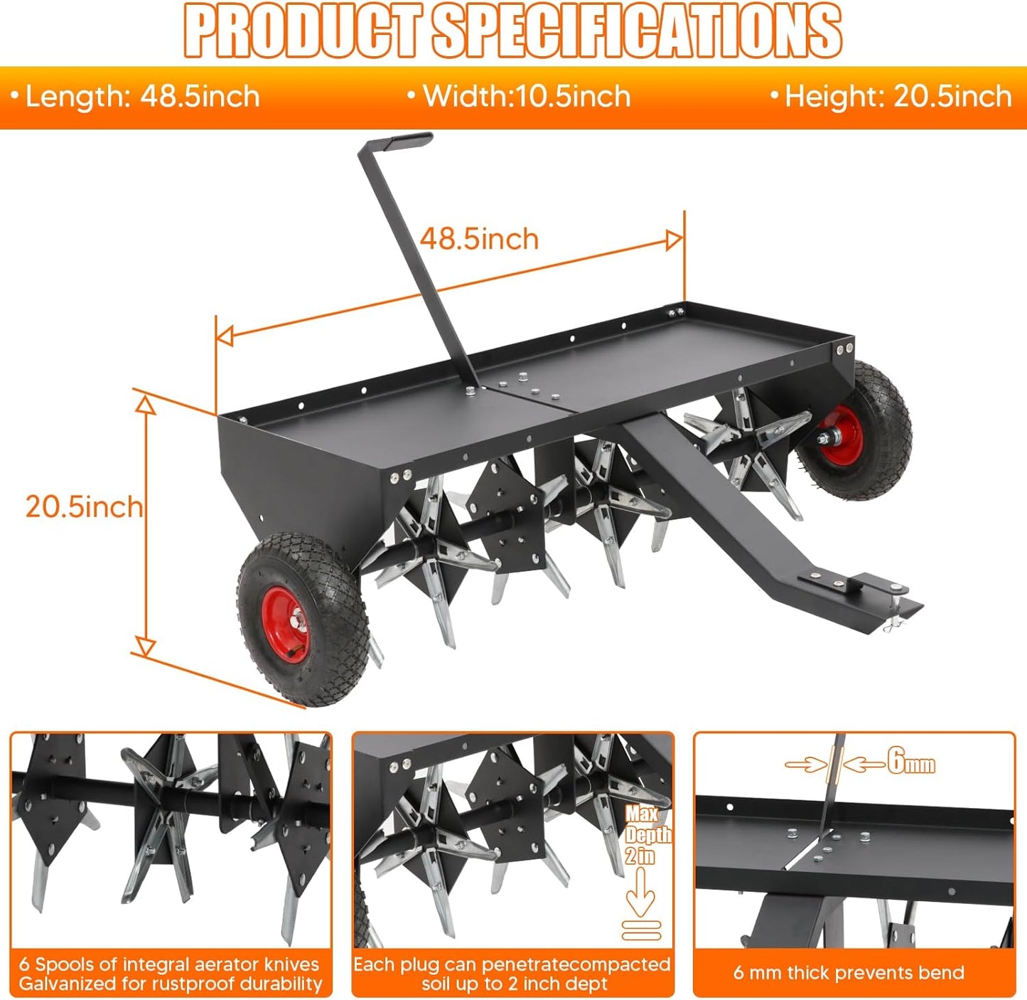 48" Tow Behind Plug Aerator with Transport Wheels, Plug Aerator Tow Behind with 30 Galvanised Steel Tines, Tow Behind Aerator for Gardens, Lawns, Farms