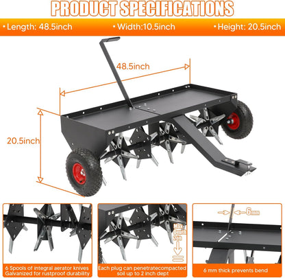 48" Tow Behind Plug Aerator with Transport Wheels, Plug Aerator Tow Behind with 30 Galvanised Steel Tines, Tow Behind Aerator for Gardens, Lawns, Farms