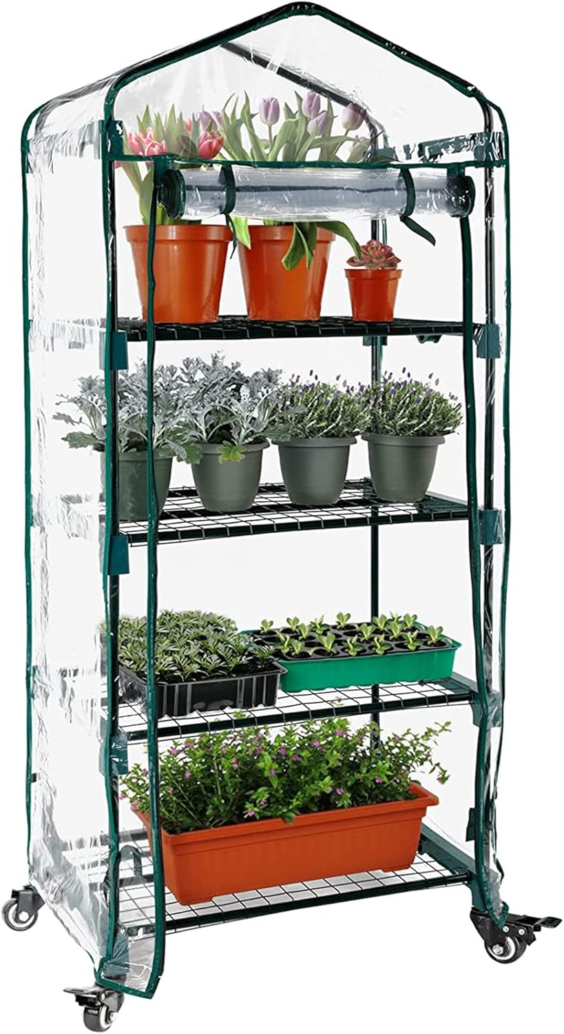 Worth Garden Upgraded 4 Tier Mini Greenhouse w/ Castors Wheels - Portable Small Gardening Green House w/ Clear PVC Cover - Heavy Duty Swivel Castors w/ Brakes - 65''H x 27''L x 19''W Indoor & Outdoor