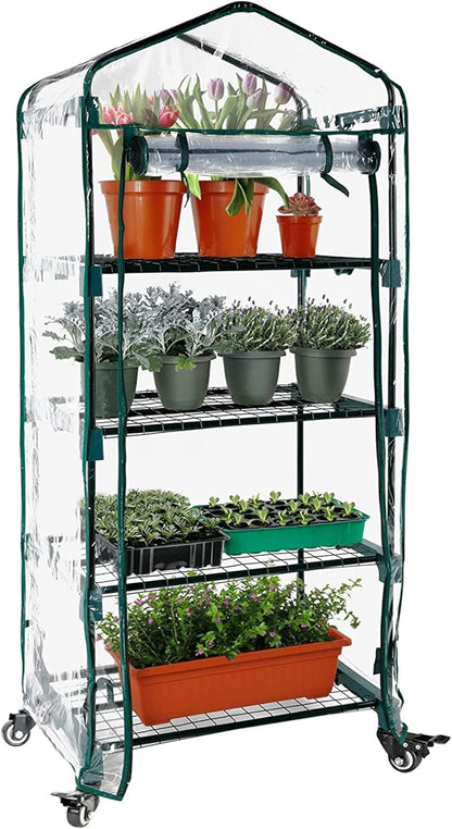 Worth Garden Upgraded 4 Tier Mini Greenhouse w/ Castors Wheels - Portable Small Gardening Green House w/ Clear PVC Cover - Heavy Duty Swivel Castors w/ Brakes - 65''H x 27''L x 19''W Indoor & Outdoor