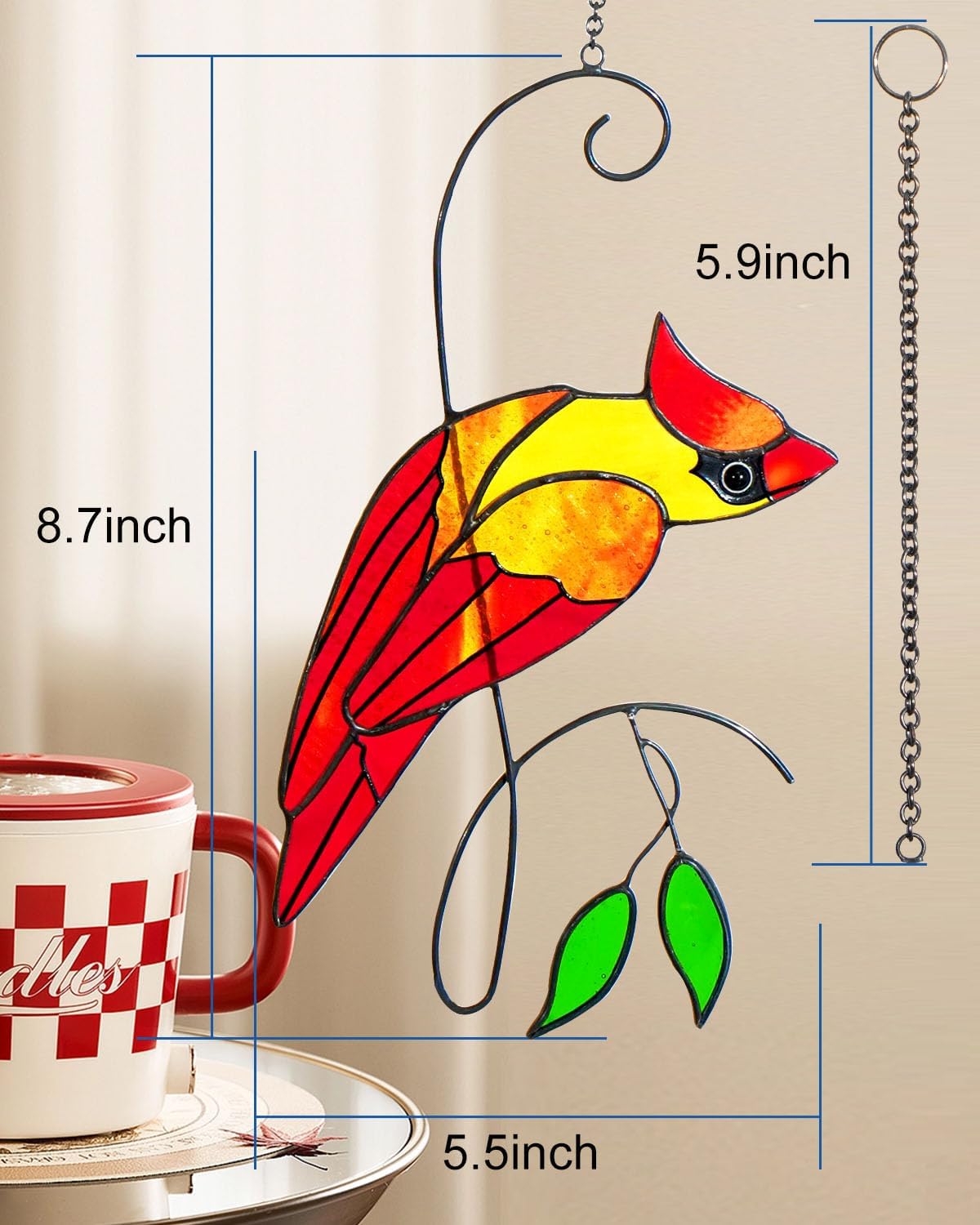 Cardinal Stained Glass Window Hanging, Handmade Memorial Gift for Women Men, Sun Catcher Indoor Window Decor, Suncatcher Bird Decoration, for Mom Bird Lover, 14.6(H) x5.9(W) Inch, Hanger Given