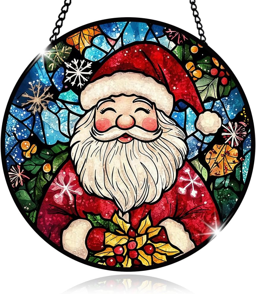 Santa Claus Stained Glass Window Hanging, Santa Stained Glass Window Hanging, Glass Ornament for Party Décor, Christmas Glass Decoration for Home, Merry Christmas Ornament Gifts for Family Friends