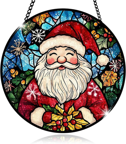 Santa Claus Stained Glass Window Hanging, Santa Stained Glass Window Hanging, Glass Ornament for Party Décor, Christmas Glass Decoration for Home, Merry Christmas Ornament Gifts for Family Friends