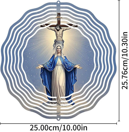 Religious Cross Jesus Wind Spinner, Metal Wind Spinners Outdoor Indoor, Virgin Mary Garden Decor for Outside, Stainless Wind Spinners for Yard and Garden 10 inch 3D (25.76X25 CM)