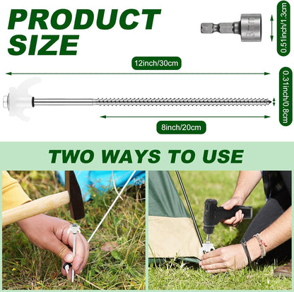 JaGely 12 Inch Tent Stakes Screw in Camping Stake 10 Pcs White Heavy Duty Metal Spikes Ground Anchor Peg Threaded Tent Spikes with Hex Head Driver for Camping Garden Inflatable Outdoor Decor