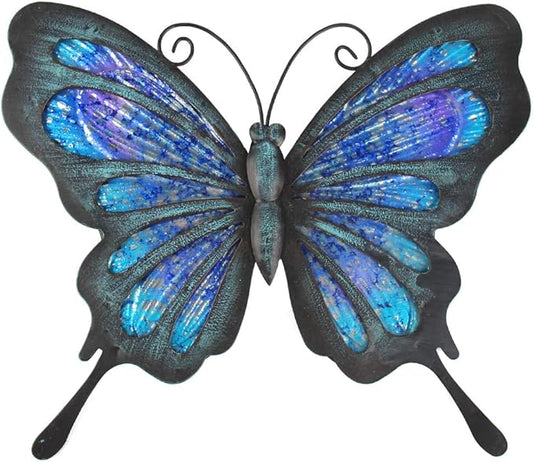 HONGLAND Metal Butterfly Wall Decor Outdoor Indoor Art Sculpture Hanging Glass Decorations Blue for