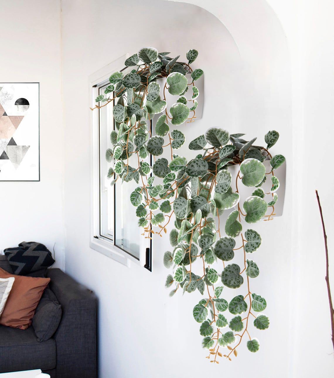 Briful Faux Hanging Plants Indoor 17'' Artificial String of Heart Plants with Semicircle Wall Mount Planter Faux Draping Vine Plants for Home Office Bathroom Hanging Decor (Green White)