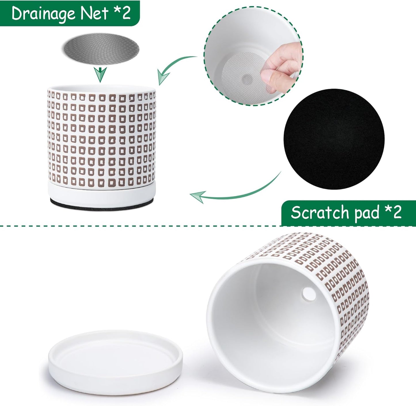 D'vine Dev Set of 2 Ceramic Planter Pots with Drainage Hole and Saucer, 6 Inch Plant Pots for Plants Indoor Houseplants, White, 99-Z-A-1-Y