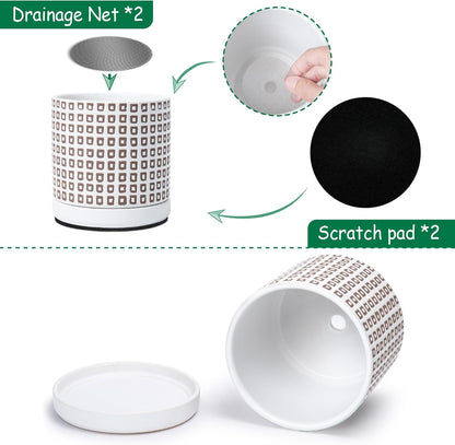 D'vine Dev Set of 2 Ceramic Planter Pots with Drainage Hole and Saucer, 6 Inch Plant Pots for Plants Indoor Houseplants, White, 99-Z-A-1-Y