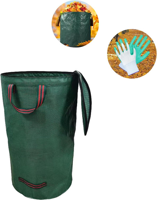 Reusable Yard Waste Bags,with Lid Extra Large Lawn Leaf Bags with Gardening Gloves,Standable Garden Waste Bag With 4 Handles,Container for Leaves,Lawn Debris & Grass Clippings(132Gallon)