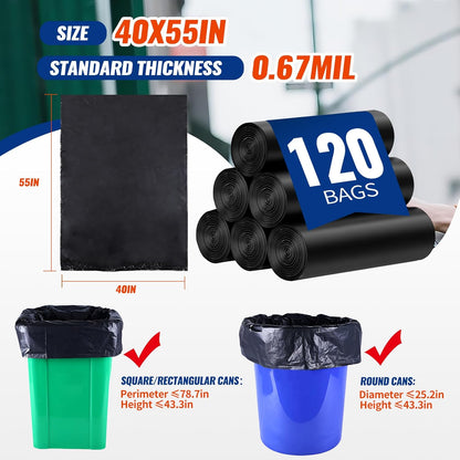 120 Count 55-60 Gallon Trash Bags, Tear-Free Large Black Garbage Bags for Kitchen, Office, Outdoor, Commercial Use, Lawn and Leaf Bags, Lightweight 17 Micron Design for Daily Dry Waste