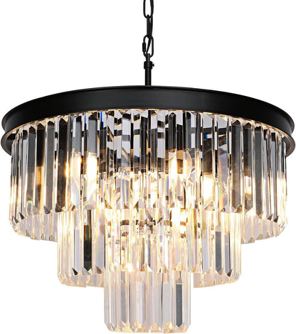 Crystal Chandeliers for Dining Room Lights Fixtures, 9 Lights Black Modern Chandeliers for Bedroom, 3-Tier Round Crystal Lighting Fixtures for Living Room Entryway Kitchen Island D20 Inch