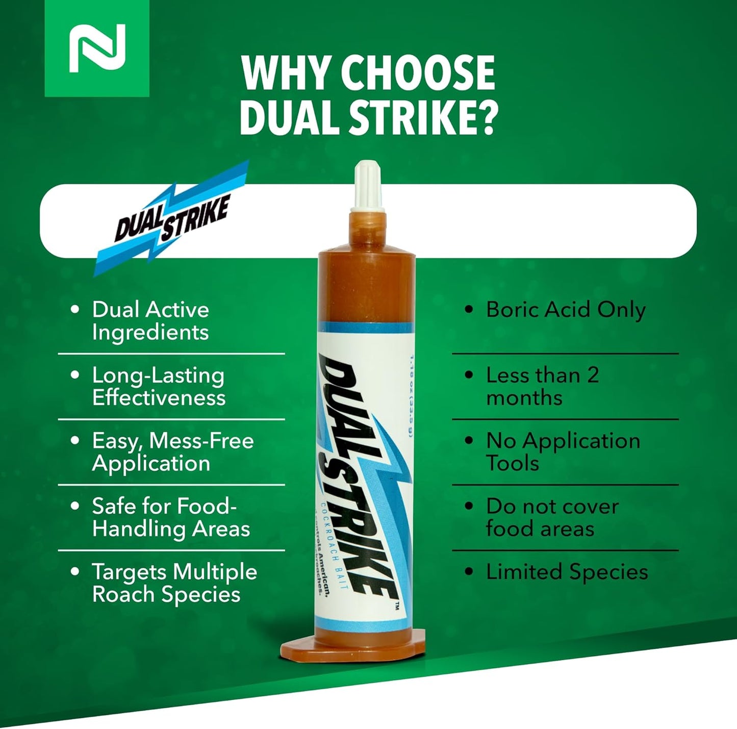 Nisus Dual Strike Cockroach Bait Gel, Kills Roaches Fast with Boric Acid and Fipronil, Long-Lasting Indoor and Outdoor Pest Control Use, 4 Pack