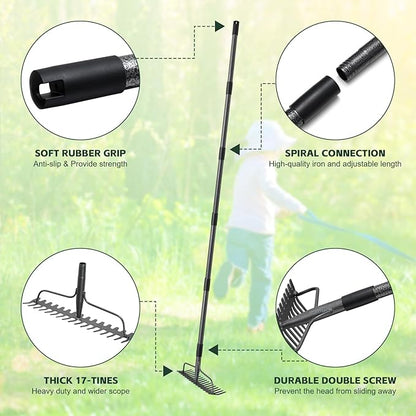 60'' Bow Rake Heavy Duty Garden Rake with Stainless Steel Handle,Tines Metal Head Rake Tool for Loosening Soil Gathering Leaf Leveling Lawn Farming Land Management Yarn Thatch Rake