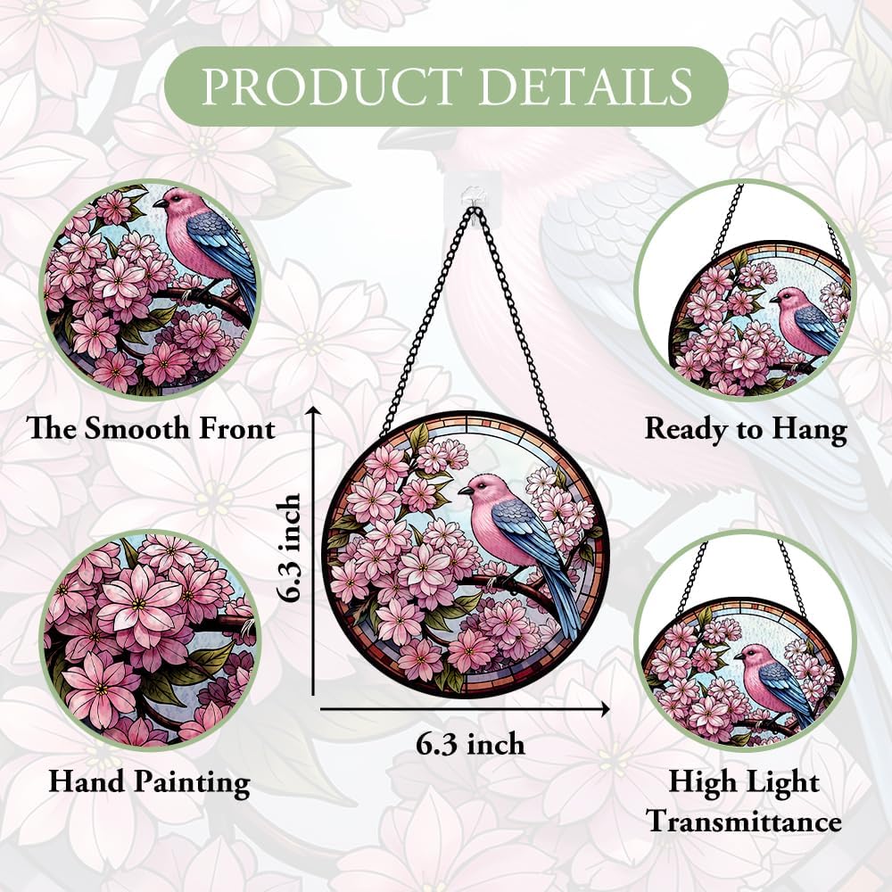 Cherry Blossoms Stained Glass Window Hanging, Bird Suncatcher Panel for Indoor Outdoor, Cherry Blossoms Glass Ornament for Wall, Balcony Porch Decoration, Thoughtful Gifts for Boys Girls, Loves Ones