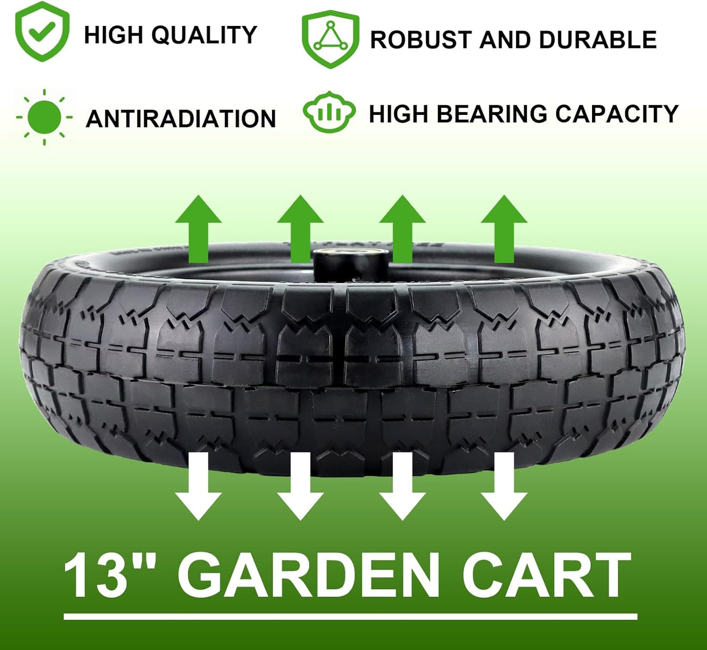Cenipar 13" Flat-Free Tire and Wheel for 13"Garden Cart Tire Replacement with 5/8" Axle Borehole, 2.1" Offset Hub, 3.15" Wide Tires Used for Wheelbarrow Garden Cart and Trolleys, 2-Pack