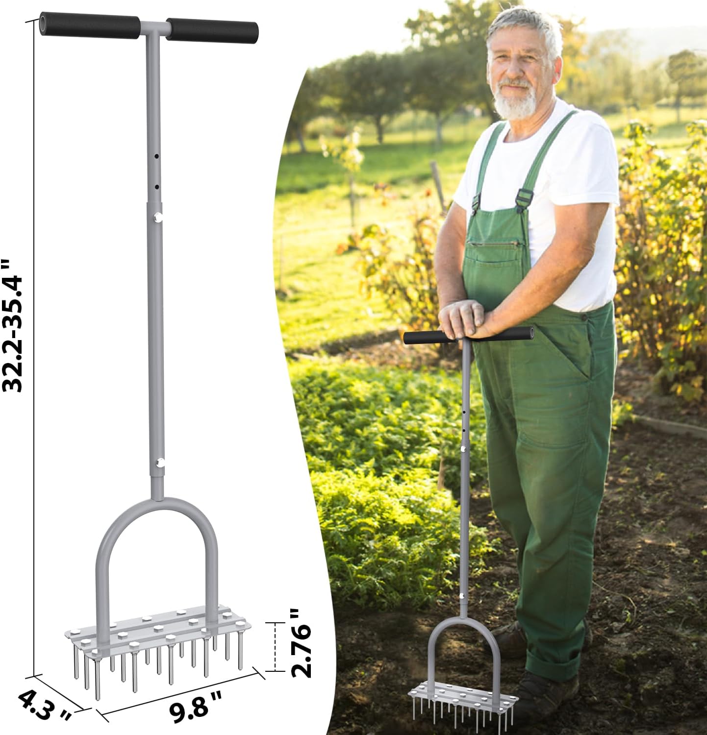 Lawn Aerator Spike Tool - Manual Grass Aerator with 15 Iron Spikes, Pre-Assembled Yard Aerator for Core Aeration, Dethatching, Heavy Duty T-Handle & Wide Foot Plate for Lawn Yard & Garden (Grey)