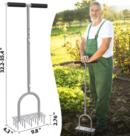 Lawn Aerator Spike Tool - Manual Grass Aerator with 15 Iron Spikes, Pre-Assembled Yard Aerator for Core Aeration, Dethatching, Heavy Duty T-Handle & Wide Foot Plate for Lawn Yard & Garden (Grey)