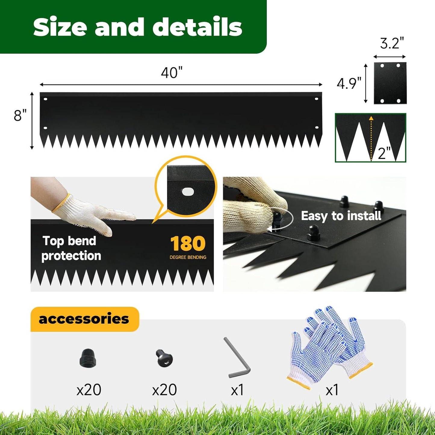 Steel Garden Edging with Top Bending Protection Metal Lanscape Edging Steel Lawn Edging 40 inch Strips, 8 inch Depth 180 Degree Bend for Garden,Lawn,Backyard, 6 Pack (8 inch-180 Degree Bend, Black)