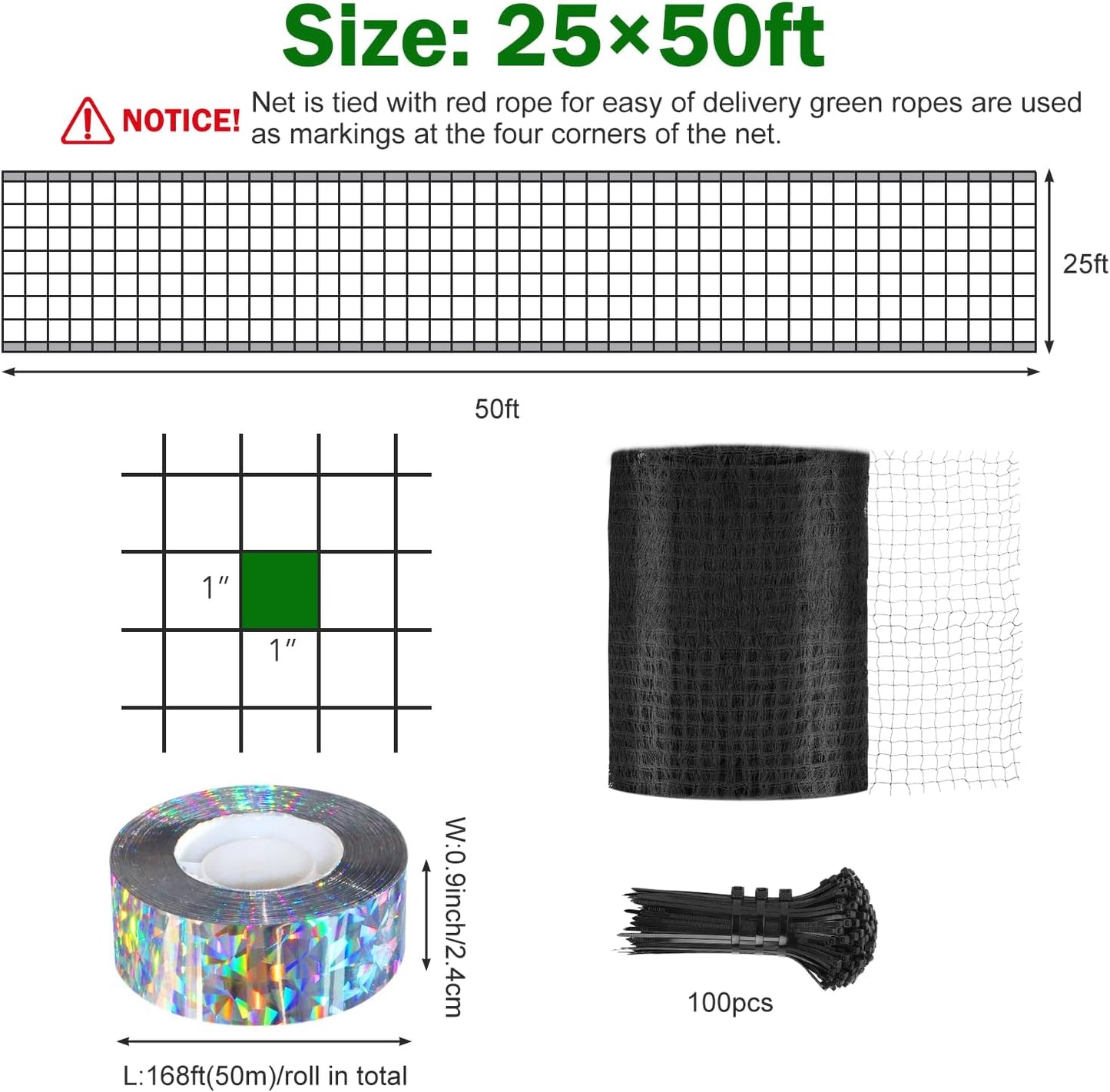 Bird Netting, 25 x 50 FT Heavy Garden Netting Reusable Protective Garden Netting for Plants Fruit Trees Vegetables Against Birds and Other Animals