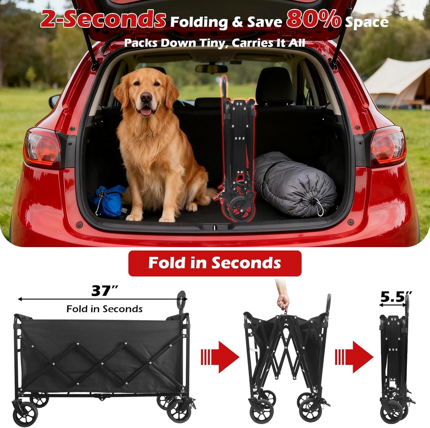 Collapsible Wagons Carts Foldable Wagon, 500LBS Heavy Duty Wagon Cart Foldable with Brakes & All-Terrain Wheels, Large Collapsible Folding Wagons for Beach Camp Sports Grocery, Portable (Black)