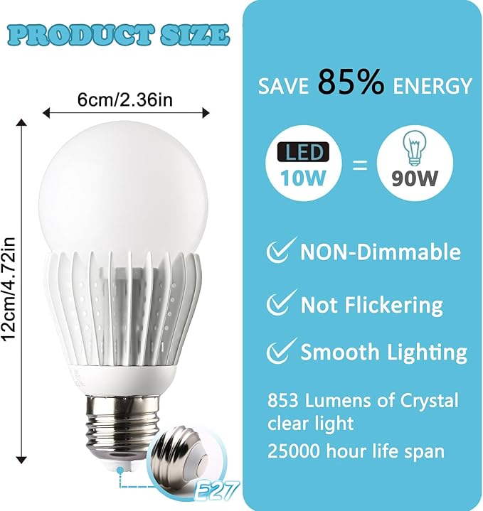 Full Spectrum Light Bulb with High Lumen E27 Standard Base Near-Perfect Color Rendering, Uses Simulated Sunlight to Provide Healthy Lighting That Eliminates Fatigue,4000K,Ra98,10W,1-Pack