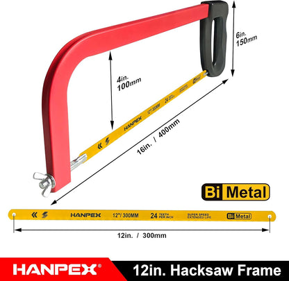 12in. High-Tension Hacksaw Frame with 24 TPI Bi-metal Blade, Hand Saw Suitable for Metal, wood, PVC, Carpentry（Black Handle）