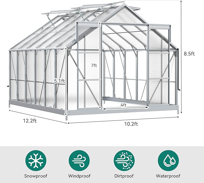 YITAHOME 10x12FT Polycarbonate Greenhouse for Outdoors, Large Heavy Duty Aluminum Greenhouses with Sliding Doors and Vent Window, Walk-in Greenhouse for Garden Backyard, Simple Setup, Silver