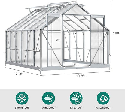 YITAHOME 10x12FT Polycarbonate Greenhouse for Outdoors, Large Heavy Duty Aluminum Greenhouses with Sliding Doors and Vent Window, Walk-in Greenhouse for Garden Backyard, Simple Setup, Silver