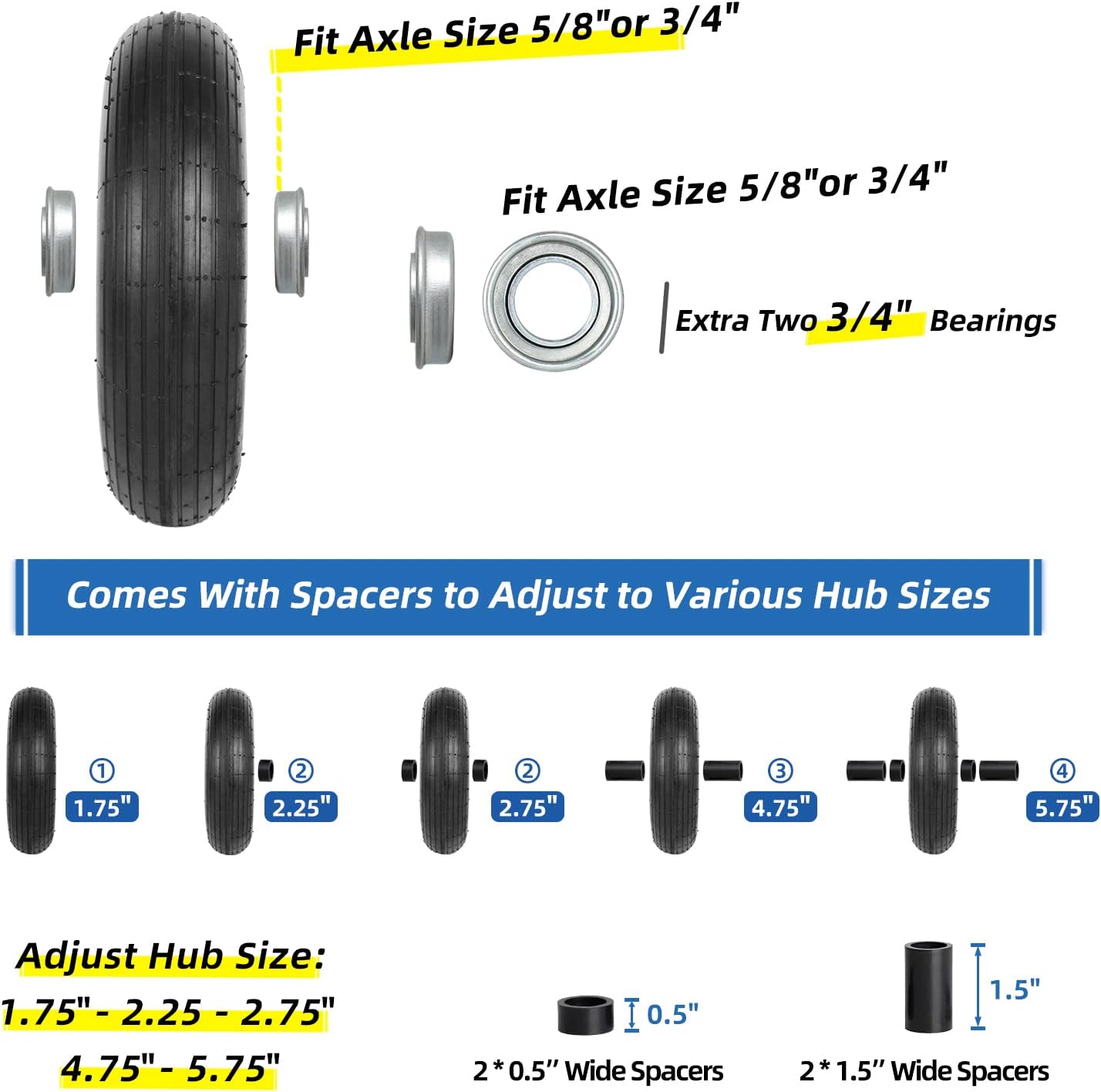 4.00-6 Tire and Wheel, 13" Wheelbarrow Pneumatic Tire, 5/8" & 3/4" Bearings, 1.75-6" Centered Hub,Sealed Bearings for Wheelbarrows Trolley Dolly Garden Wagon Cart Wheel Replacement