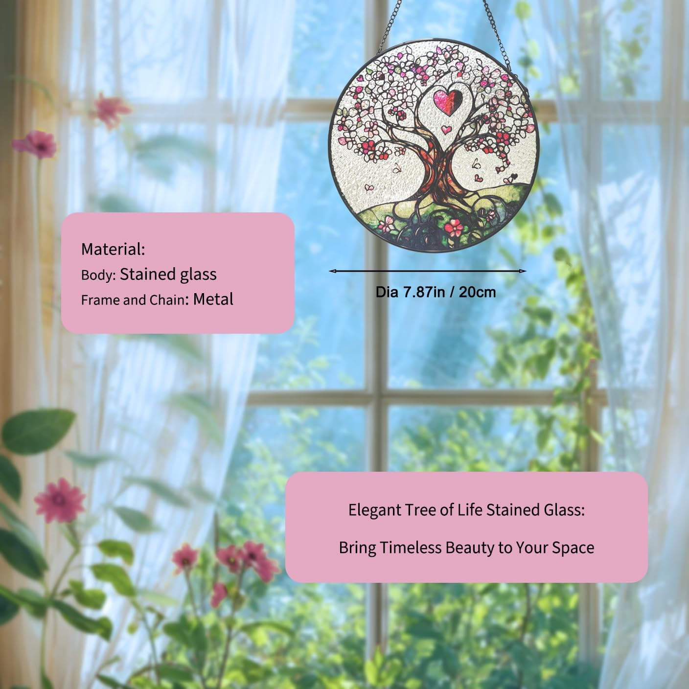 Stained Glass Sun Catcher Window Hanging - Luyseyha 8 Inch Tree of Life Design, Handmade Decor for Home, Garden, Office, Birthday